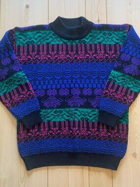 Vintage 90s  Colorful Kenneth Roberts Knit Neon Blue Purple Pink Green Sweater M